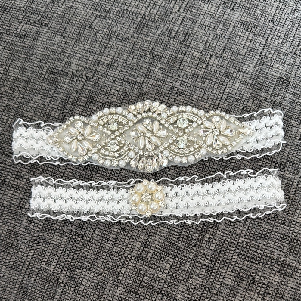 Elegant White and Silver Beaded Garter Set